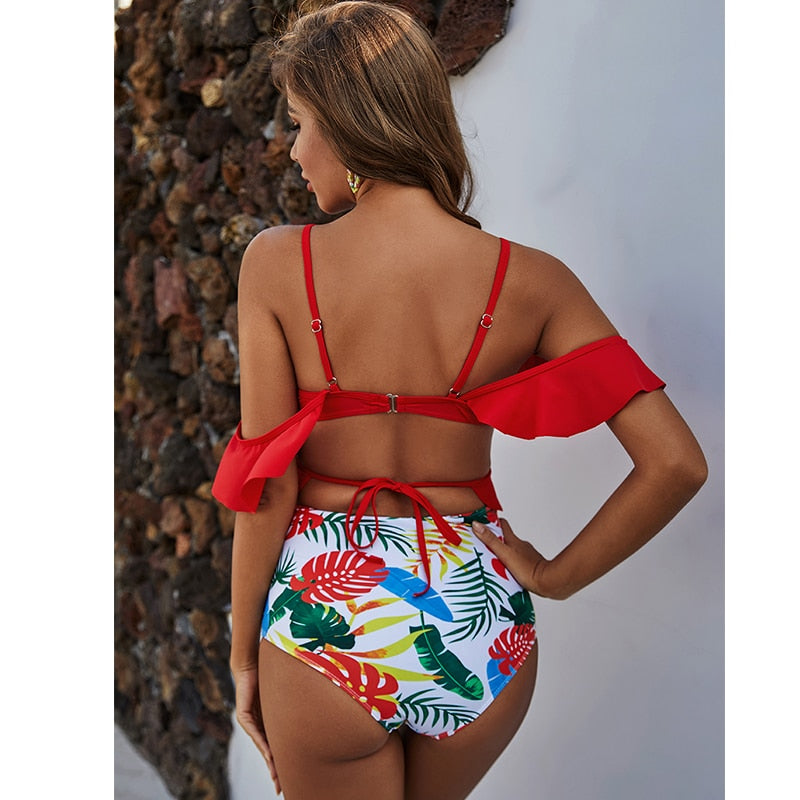2 Piece Ruffle High Waist Bikini Swimwear Women Swimsuit Cross Bikini Set Off The Shoulder Bathing Suits Summer Beach Wear The Clothing Company Sydney
