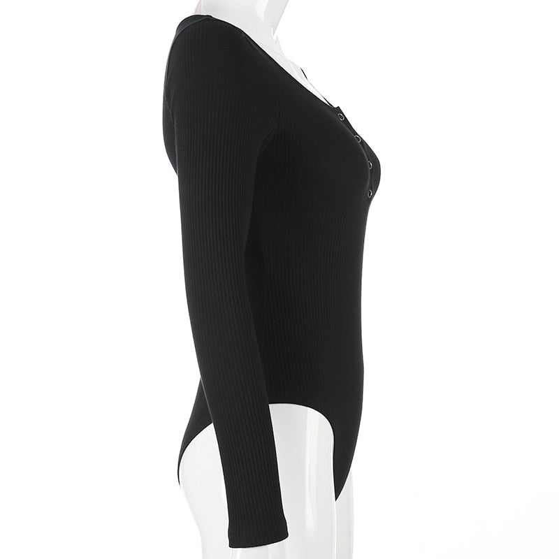 Autumn winter skinny long sleeve bodysuit by The Clothing Company Sydney, featuring button-up front and close fit, in a warm tone.