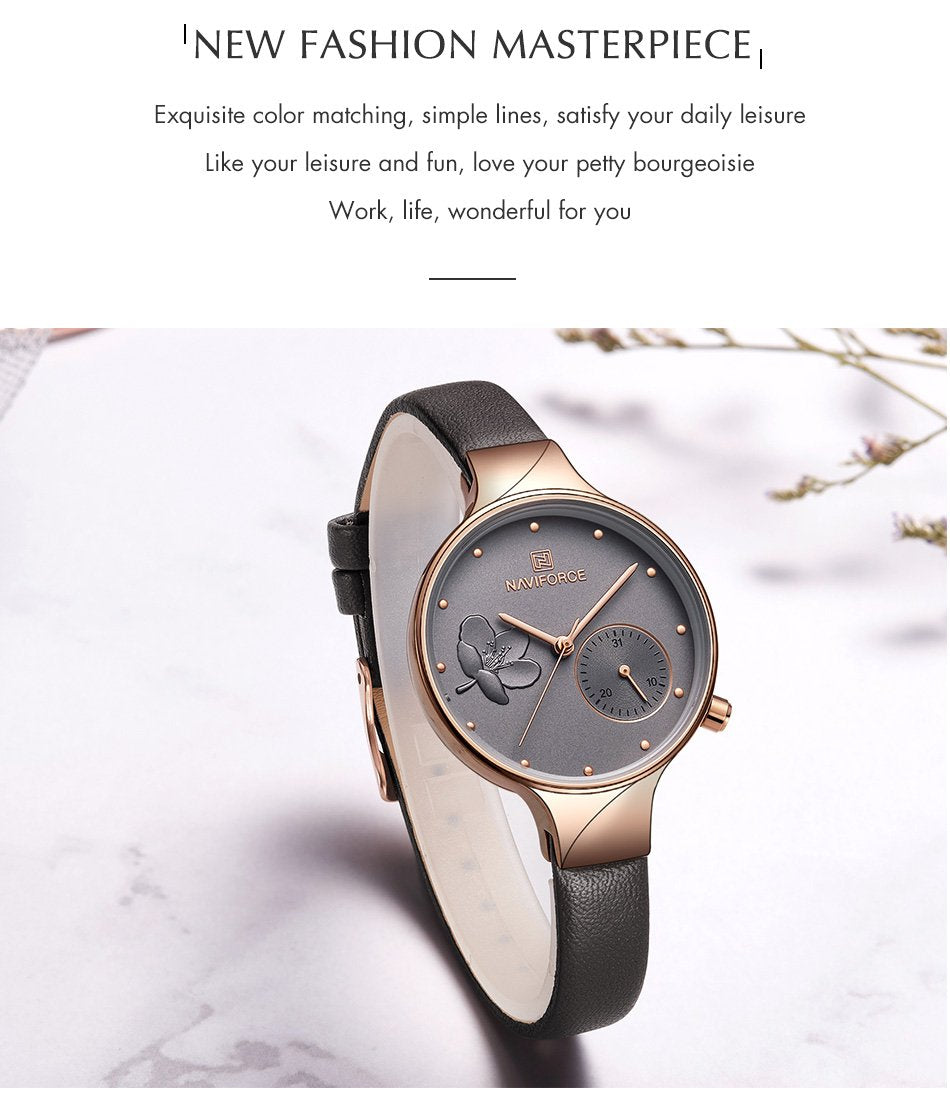 Luxury fashion quartz wrist watch for ladies with leather strap, waterproof design, by The Clothing Company Sydney.