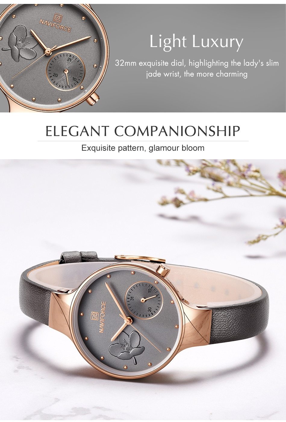 Luxury fashion quartz wrist watch for ladies with leather strap and waterproof design from The Clothing Company Sydney.