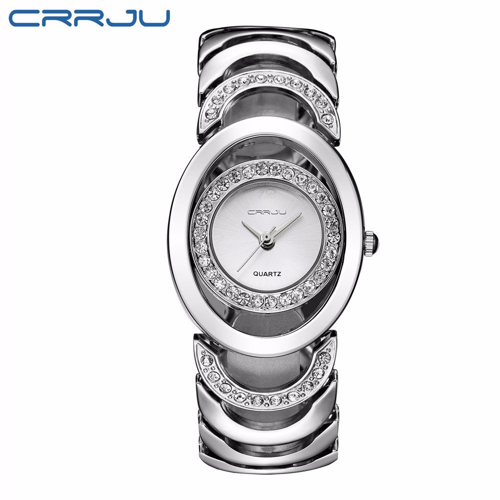 Ladies' luxury stainless steel bracelet watch with rhinestones and quartz movement, elegant design by The Clothing Company Sydney.