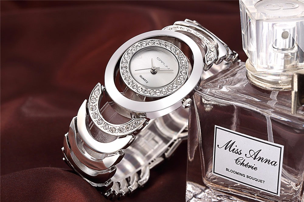 Ladies' luxury brand bracelet watch by The Clothing Company Sydney featuring stainless steel band, rhinestones, and quartz movement.