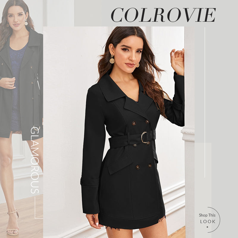 Black double-breasted coat with notch collar, D-ring belt, solid design, long sleeves, and tailored fit, perfect for ladies' outerwear.