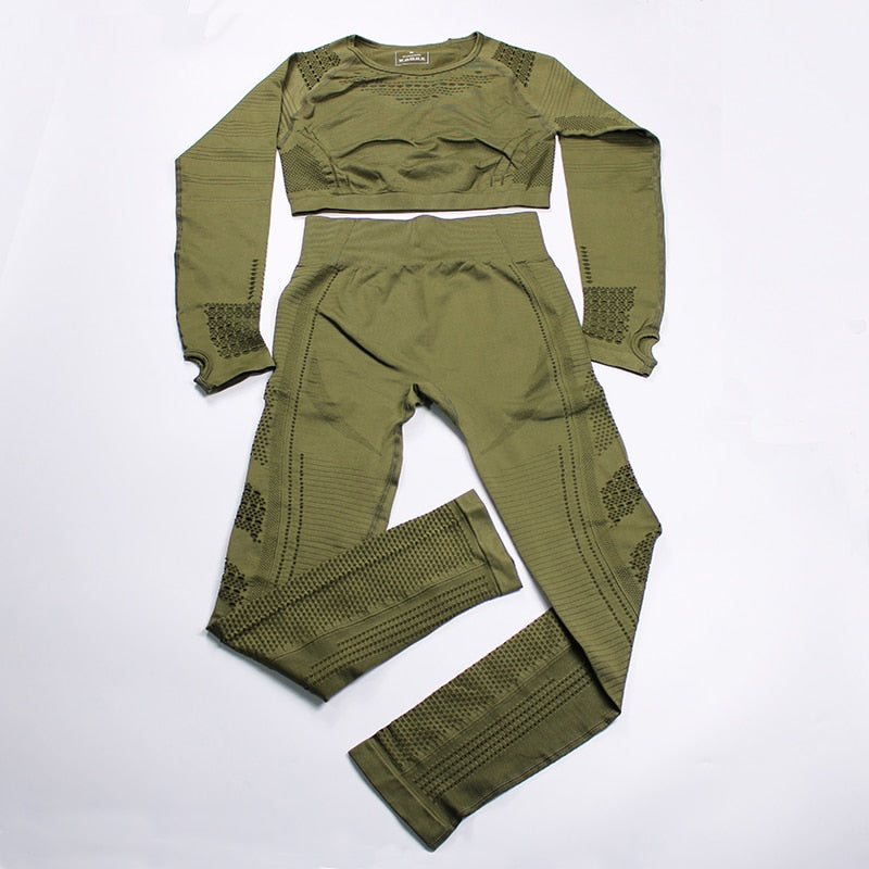 Two-piece fitness set with athletic leggings and long sleeve seamless sports hollow-out top by The Clothing Company Sydney.