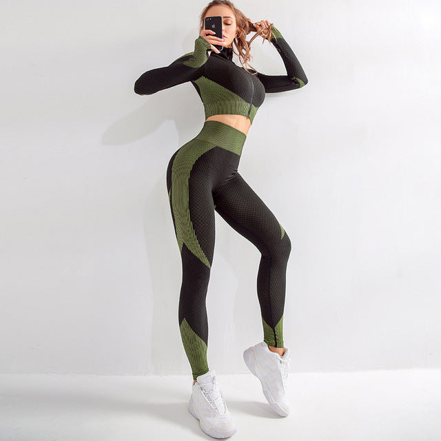 Seamless athletic yoga leggings and long sleeve zip-up top set from The Clothing Company Sydney, designed for fitness and sportswear.