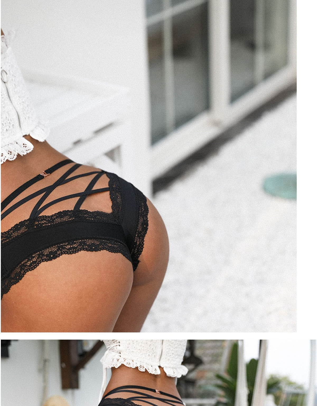 Transparent lace edge women's underwear with back crossing design, seamless solid brief and thong from The Clothing Company Sydney.