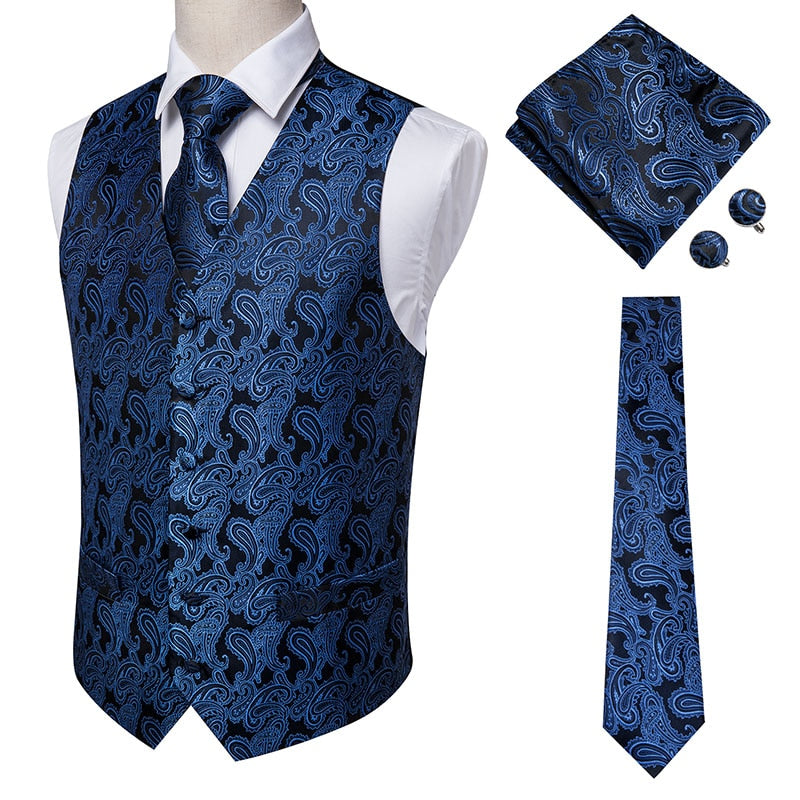 Navy paisley silk dress vest set with pocket square, cufflinks, and tie, featuring dark blue jacquard fabric for men's accessories.