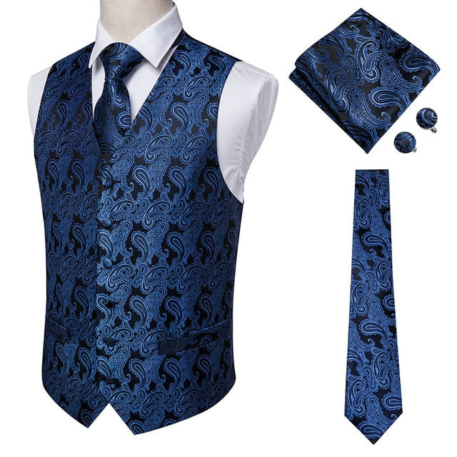 Navy paisley silk dress vest with dark blue jacquard pattern, includes tie, cufflinks, and pocket square, men's accessories set.