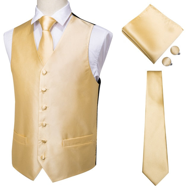 Navy paisley silk dress vest set with tie, cufflinks, pocket square, and waistcoat for men's formal accessories.