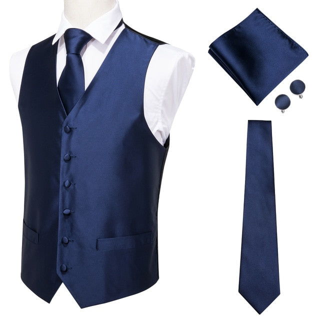 Navy paisley silk dress vest with jacquard pattern, includes pocket square and cufflinks, men's suit vest and accessories set.