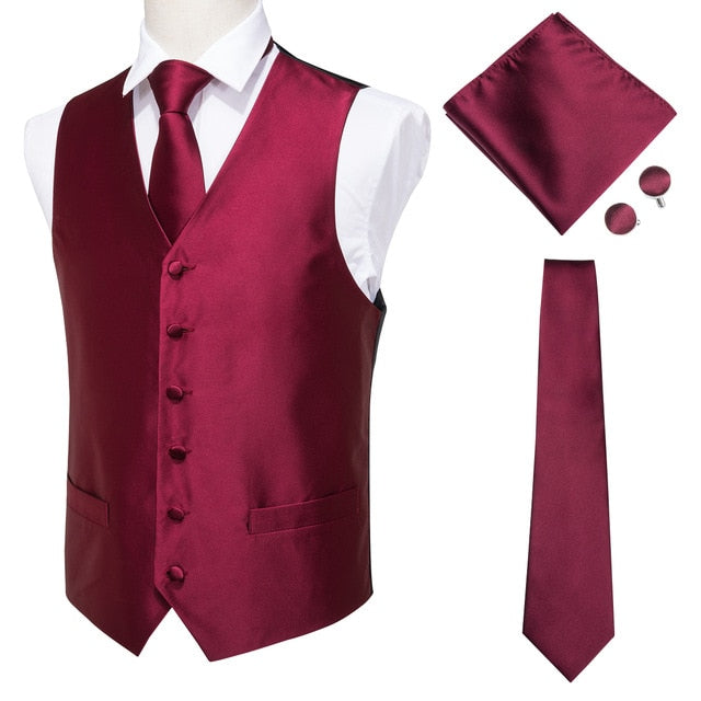 Navy paisley silk dress vest with jacquard pattern, includes tie, cufflinks, pocket square for men's formal accessories.
