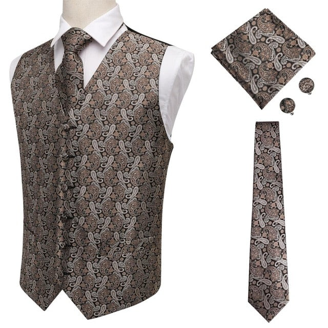 Navy paisley silk dress vest set with tie, cufflinks, pocket square, and waistcoat for men's formal accessories.