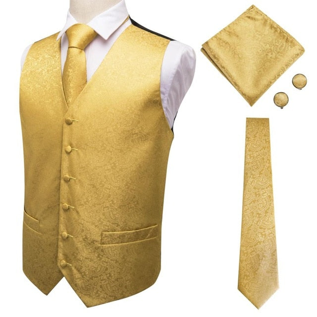 Navy paisley silk dress vest set with tie, cufflinks, pocket square, and waistcoat for men's formal accessories.