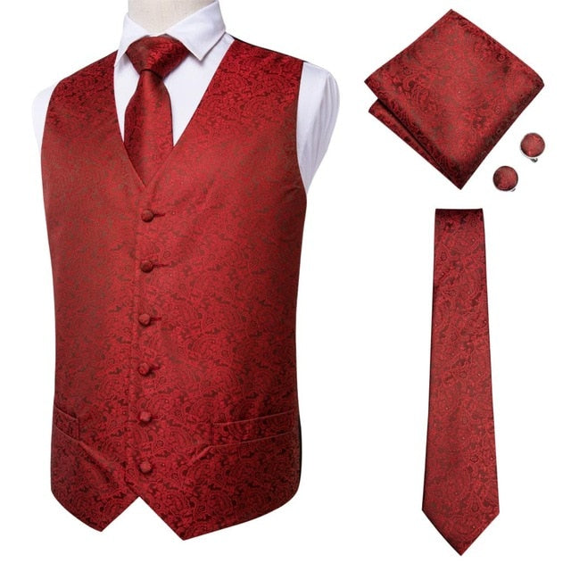 Navy paisley silk dress vest set with tie, cufflinks, pocket square, and waistcoat for men's formal accessories.
