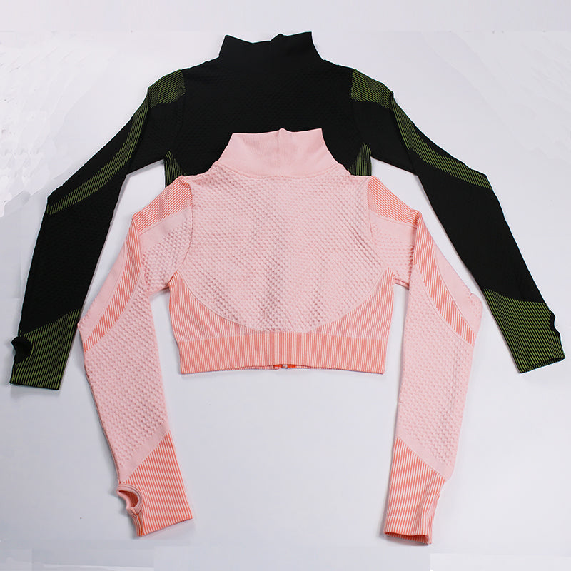 Two-piece fitness yoga leggings and long sleeve zip-up top set by The Clothing Company Sydney, seamless athletic sportswear.