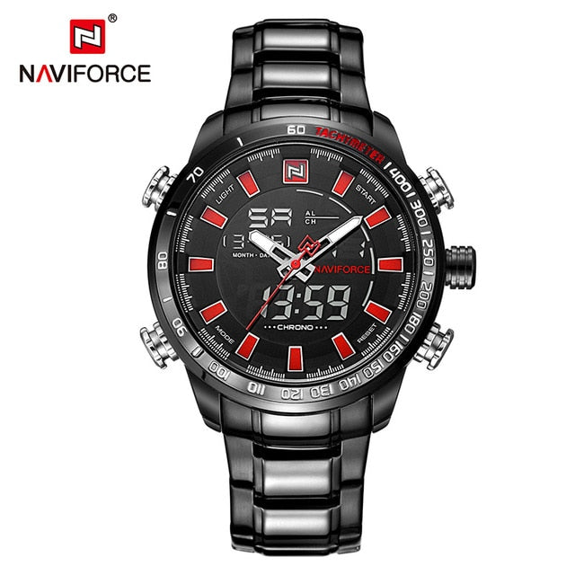 Stainless steel NAVIFORCE men's quartz analog watch with sporty and luxury design, waterproof wristwatch for men.