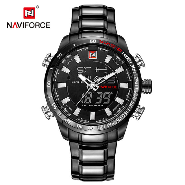 Stainless steel NAVIFORCE men's quartz analog watch with waterproof design and sporty luxury style, featuring a black dial and metal band.