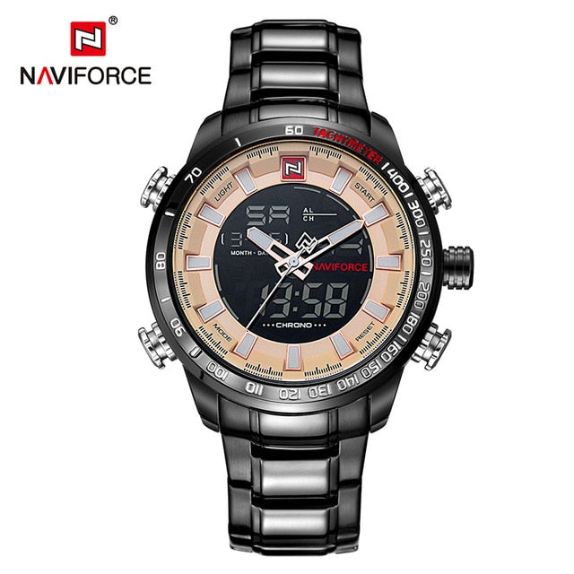 Stainless steel NAVIFORCE men's quartz analog wristwatch with waterproof design, luxury fashion style, and sporty look.