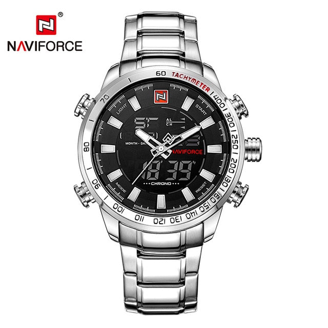 NAVIFORCE men's quartz analog watch with stainless steel strap, featuring a sleek design, waterproof case, and sporty luxury style.