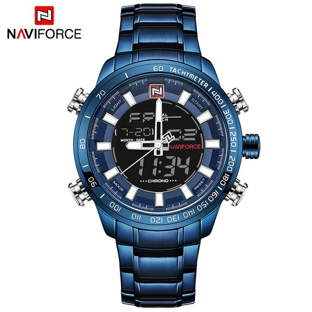 NAVIFORCE men's quartz analog wristwatch with stainless steel band, waterproof design, luxury fashion sport style.