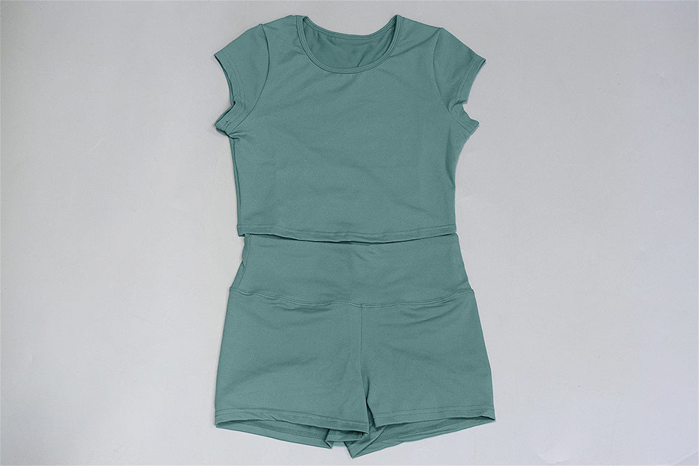 Two-piece fitness sports suit set by The Clothing Company Sydney, includes athletic shorts and short sleeve shirt for gym and yoga.