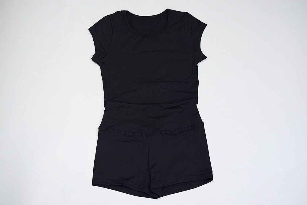 Two-piece fitness sports suit set with athletic shorts and short sleeve shirt by The Clothing Company Sydney for gym and yoga workouts.