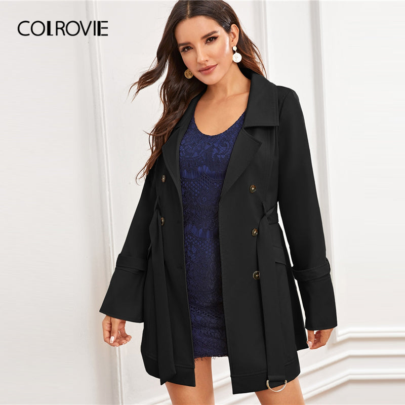 Black notch collar double-breasted coat with D-ring belt, solid outerwear jacket for women, stylish and versatile.