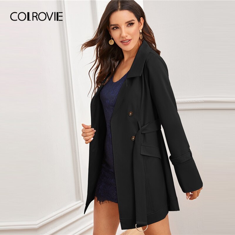 Black notched collar double-breasted coat with D-ring belt, solid design, stylish outerwear for women by The Clothing Company Sydney.