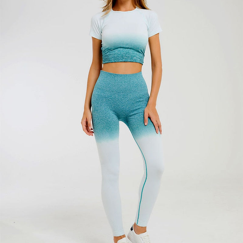 Two-piece fitness yoga set with ombre leggings and matching seamless shirt from The Clothing Company Sydney, suitable for gym and active wear.