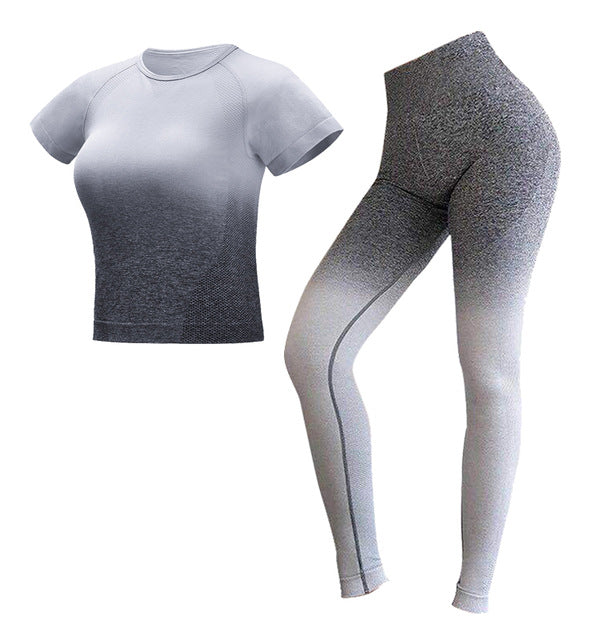 Two-piece fitness yoga set by The Clothing Company Sydney featuring ombre gym leggings and seamless athletic shirt for active wear.