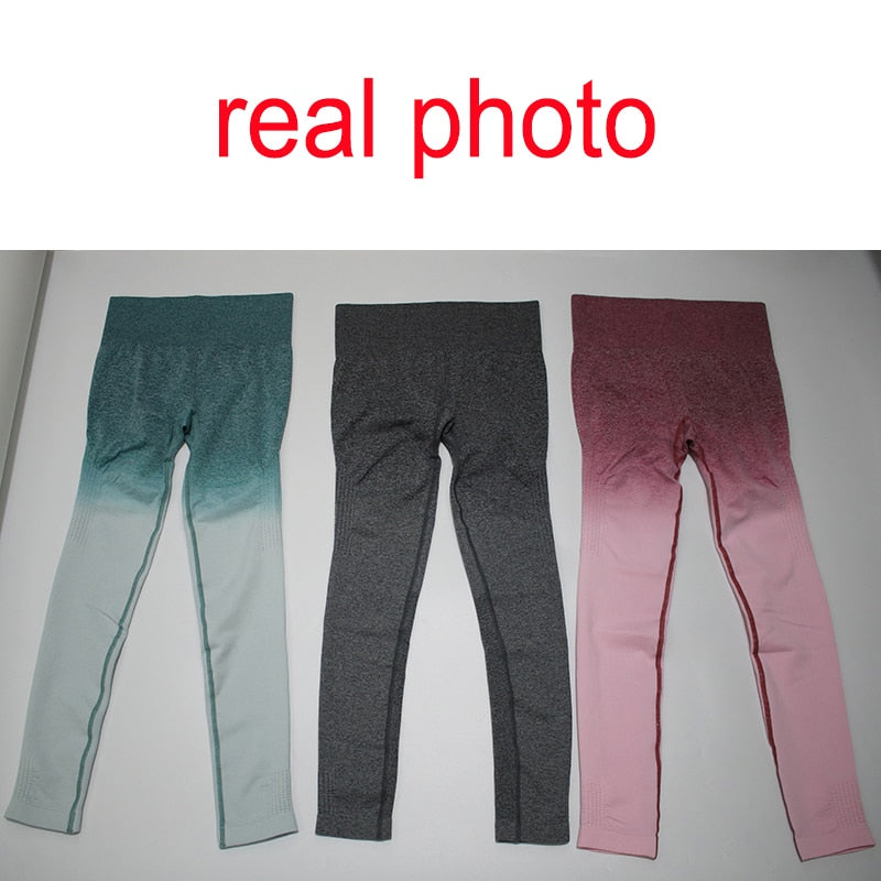 Two-piece fitness yoga set from The Clothing Company Sydney, includes ombre leggings and seamless active sports shirt.