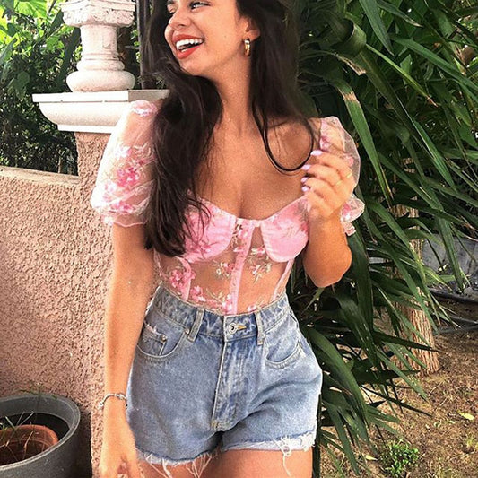 Square Neck Pink Mesh Embroidery Transparent Cropped Bustier Top Summer Shirt Puff Sleeve Blouse The Clothing Company Sydney