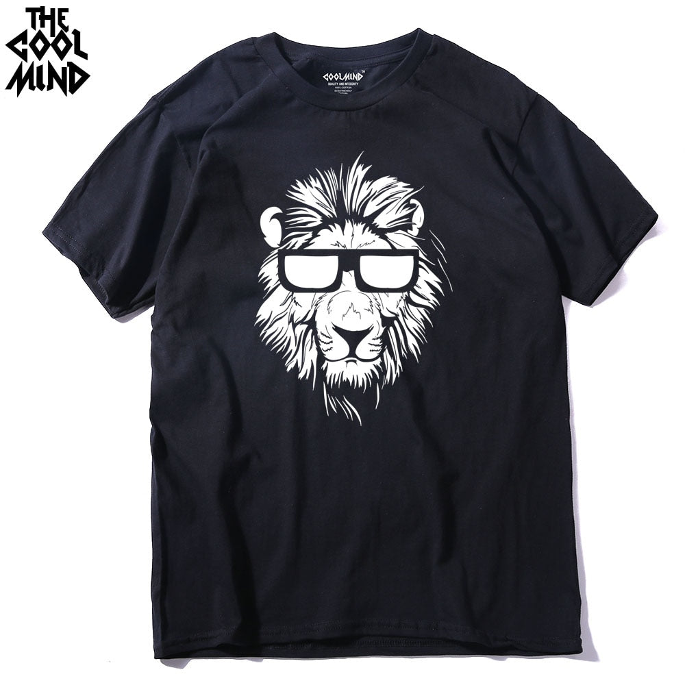 Cotton men's short sleeve T-shirt with lion animal print, casual o-neck design, knitted fabric from The Clothing Company Sydney.