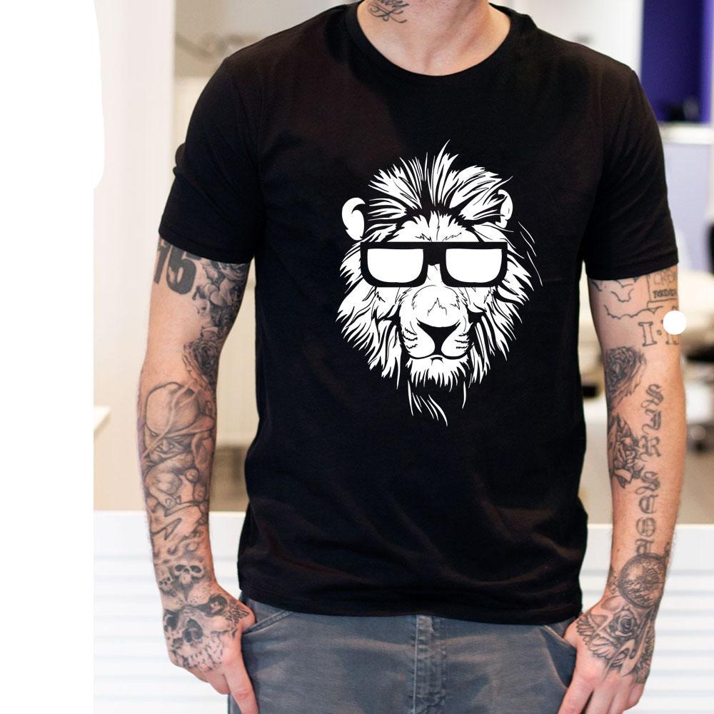 Cotton short sleeve men's T-shirt with a lion animal print, casual O-neck design, from The Clothing Company Sydney.