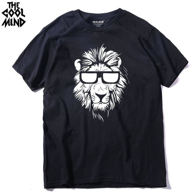 Cotton short sleeve men's T-shirt with lion animal print, casual O-neck design by The Clothing Company Sydney.