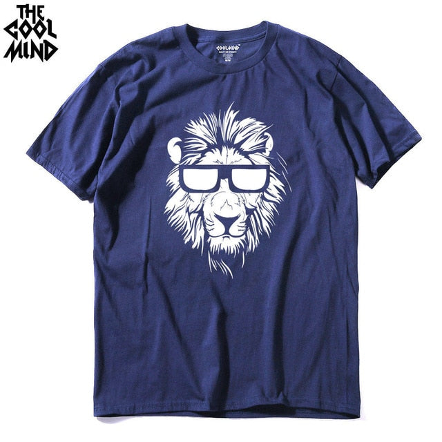 Cotton short sleeve men's T-shirt with lion animal print, casual O-neck design, knitted fabric from The Clothing Company Sydney.
