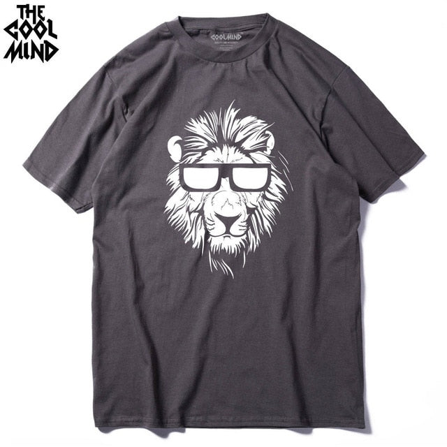 Cotton short sleeve men's T-shirt with lion animal print, casual O-neck design by The Clothing Company Sydney.