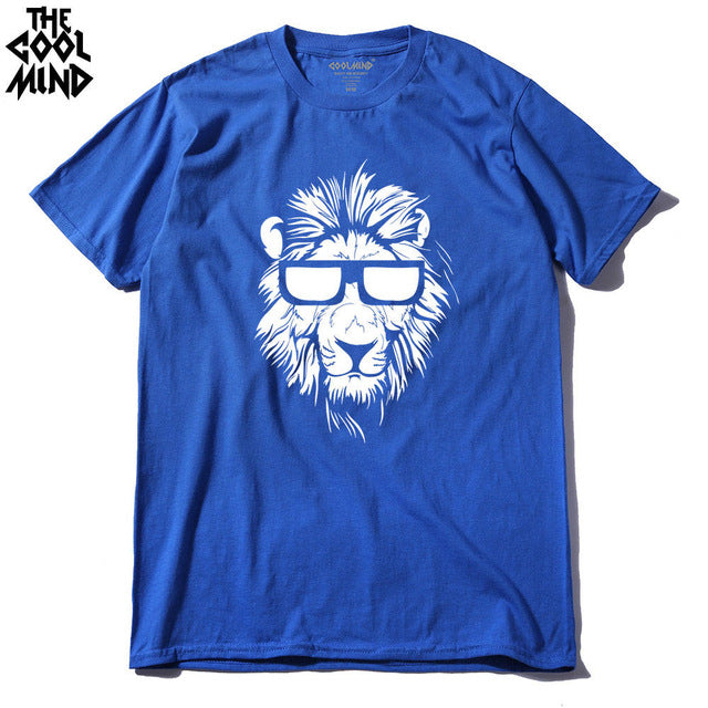 Cotton short sleeve men's T-shirt with lion animal print, casual o-neck design, knit fabric, from The Clothing Company Sydney.