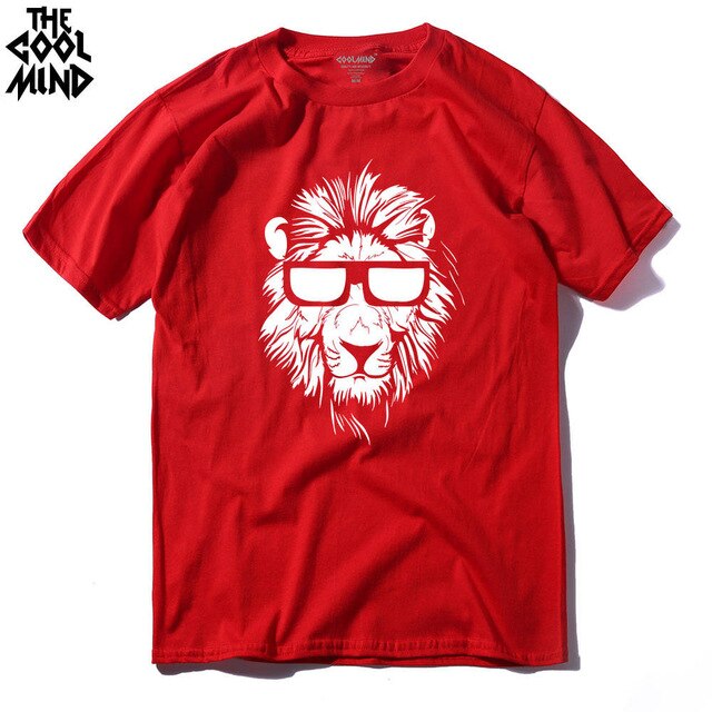 Cotton men's short sleeve T-shirt with lion animal print, casual o-neck design, knitted fabric from The Clothing Company Sydney.