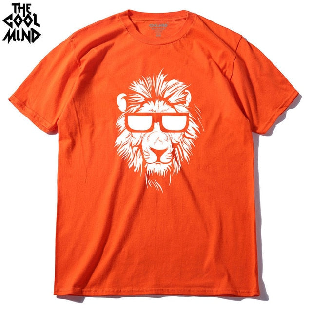 Cotton short sleeve men's T-shirt with lion animal print, casual O-neck design, knitted fabric from The Clothing Company Sydney.