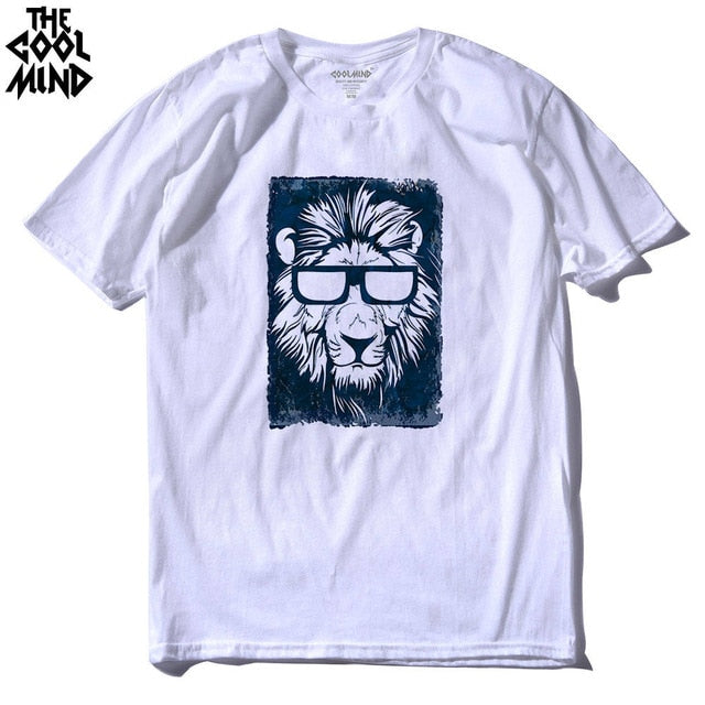 Cotton short sleeve men's T-shirt with lion print, casual O-neck design, knitted top from The Clothing Company Sydney.