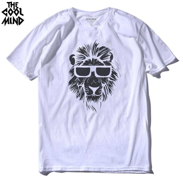 Men's cotton short sleeve T-shirt with lion animal print, casual O-neck design, knitted fabric from The Clothing Company Sydney.