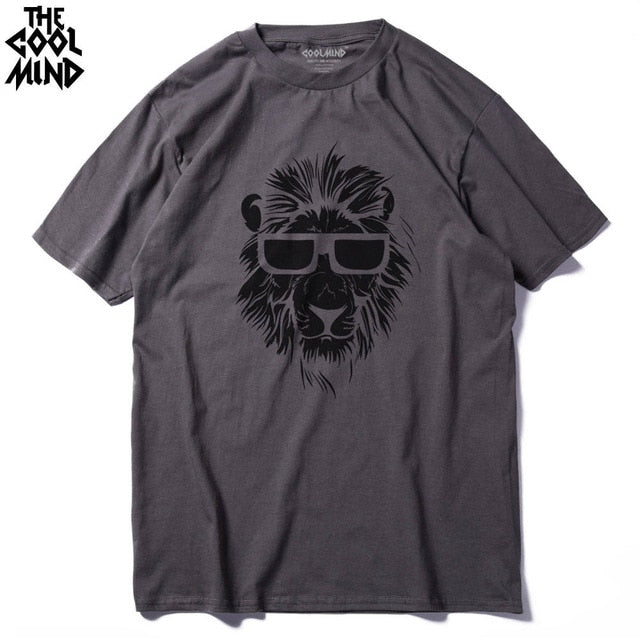Cotton short sleeve men's T-shirt with lion print, casual O-neck, knitted fabric, from The Clothing Company Sydney.