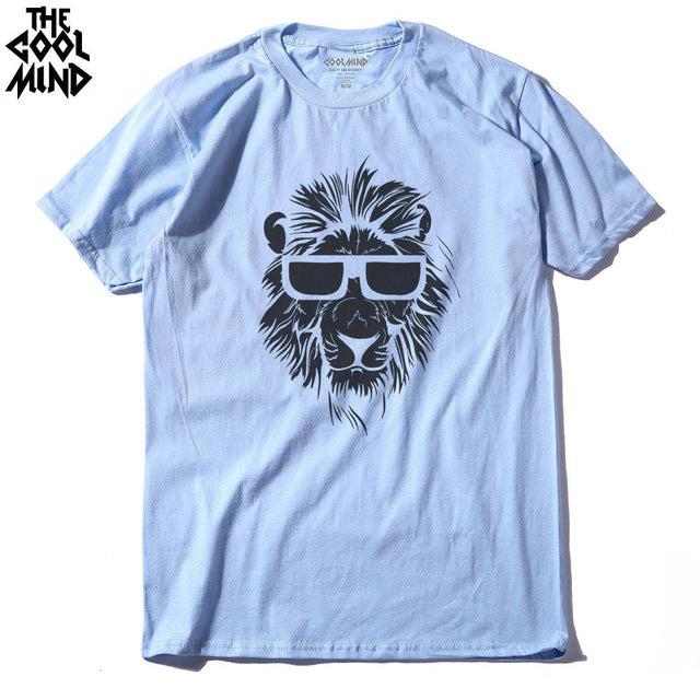 Cotton short sleeve men's T-shirt with lion animal print, casual o-neck style, knitted top from The Clothing Company Sydney.