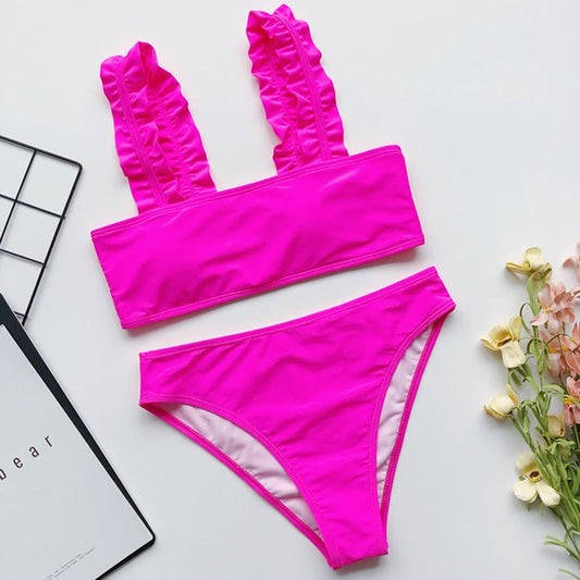 2 Piece Ruffle High Waist Swimwear Women Swimsuit Push Up Bikini Set Solid Bathing Suit Summer Beach Wear Swimming Suit The Clothing Company Sydney