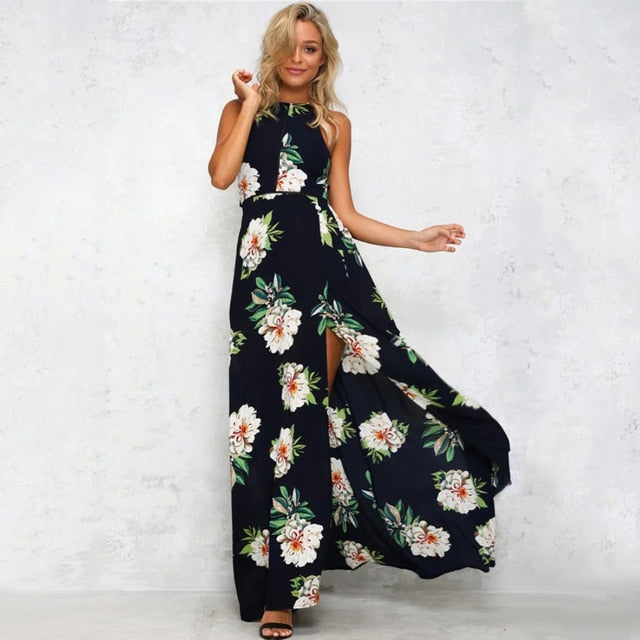 Bohemian floral print summer maxi dress by The Clothing Company Sydney, off-shoulder, backless, long, with side slit, perfect for beach or party.