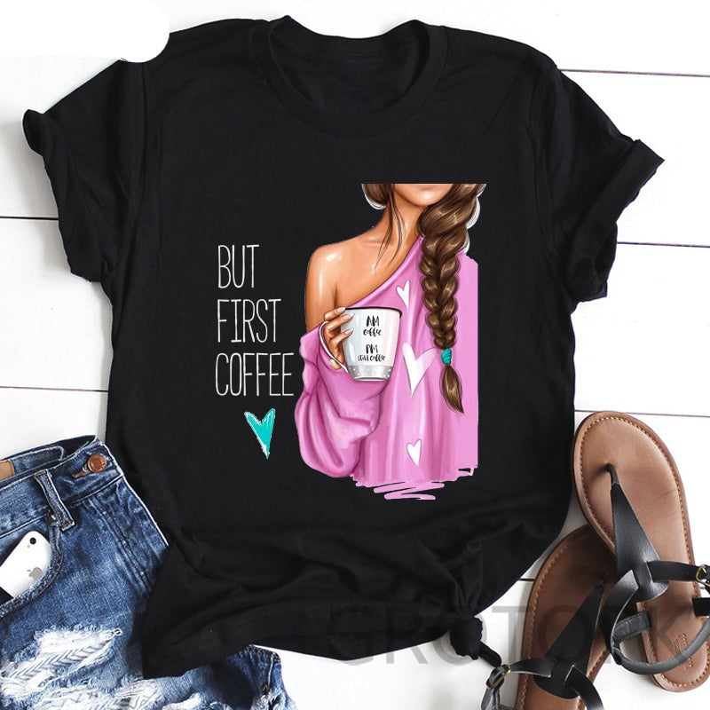 Women's polyester T-shirt featuring the "But First Coffee" funny print, stylish streetwear top by The Clothing Company Sydney.