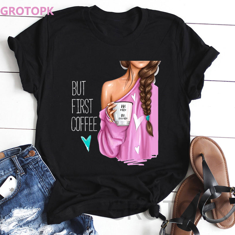 Funny women's streetwear T-shirt featuring "But First Coffee" print, made of polyester, from The Clothing Company Sydney.