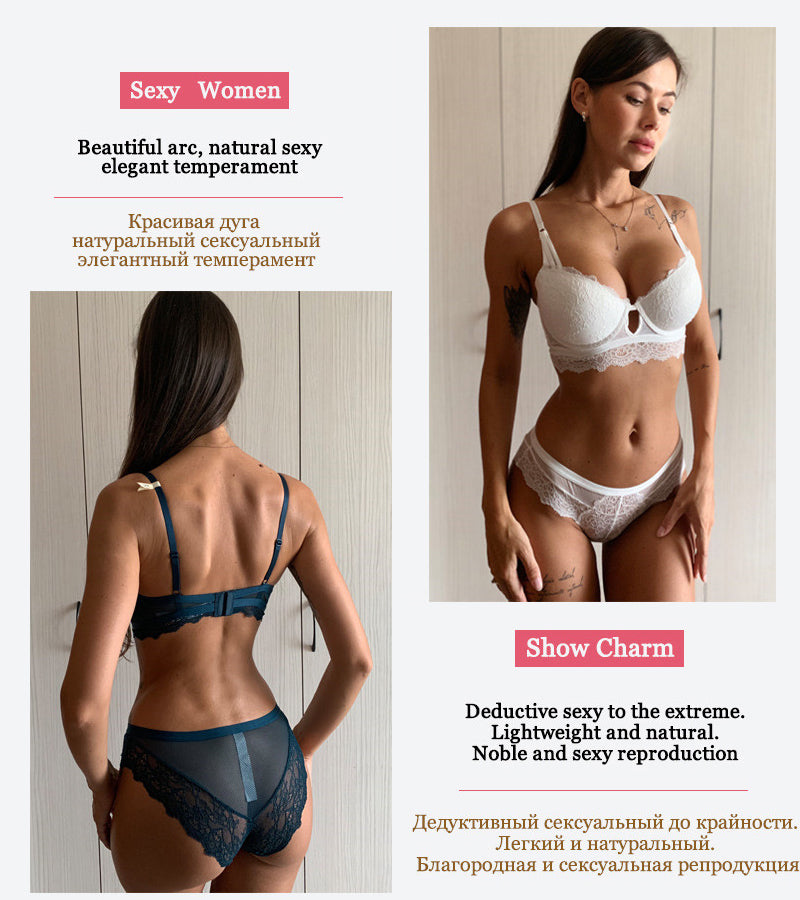 Elegant 2-piece lace lingerie set with push-up bras and embroidered cotton panties, designed for women by The Clothing Company Sydney.
