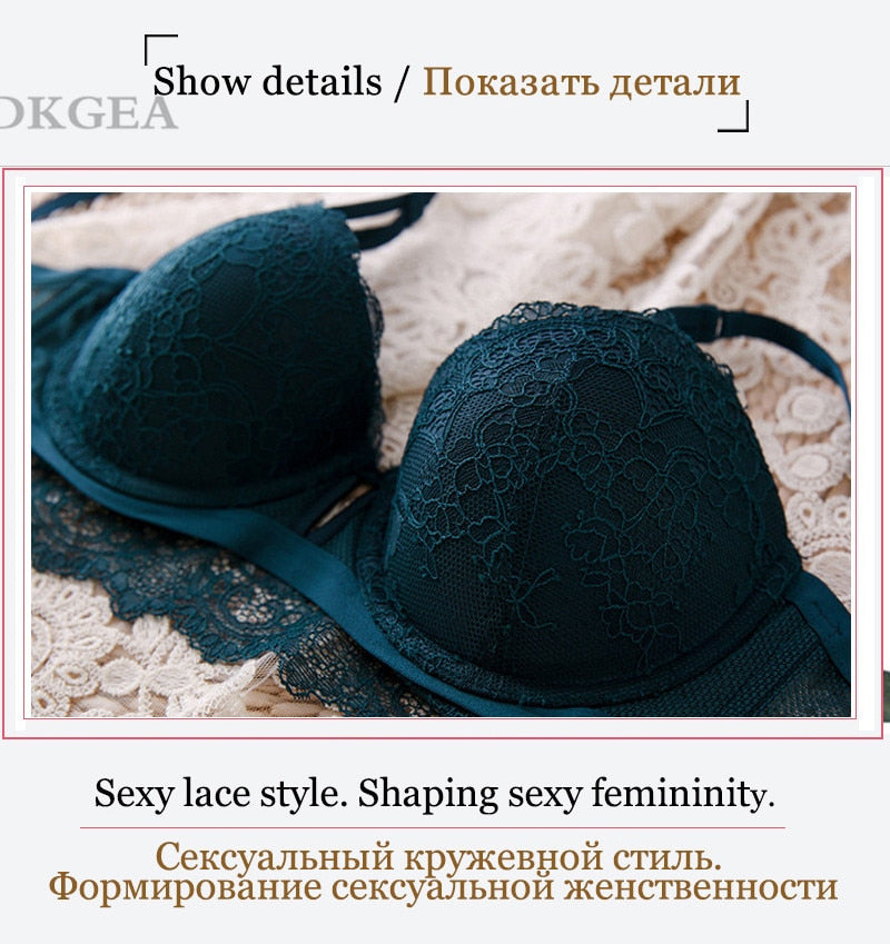 Sexy 2-piece lace bra and panties set with push-up bra and embroidered details, made of cotton for comfortable women’s lingerie.